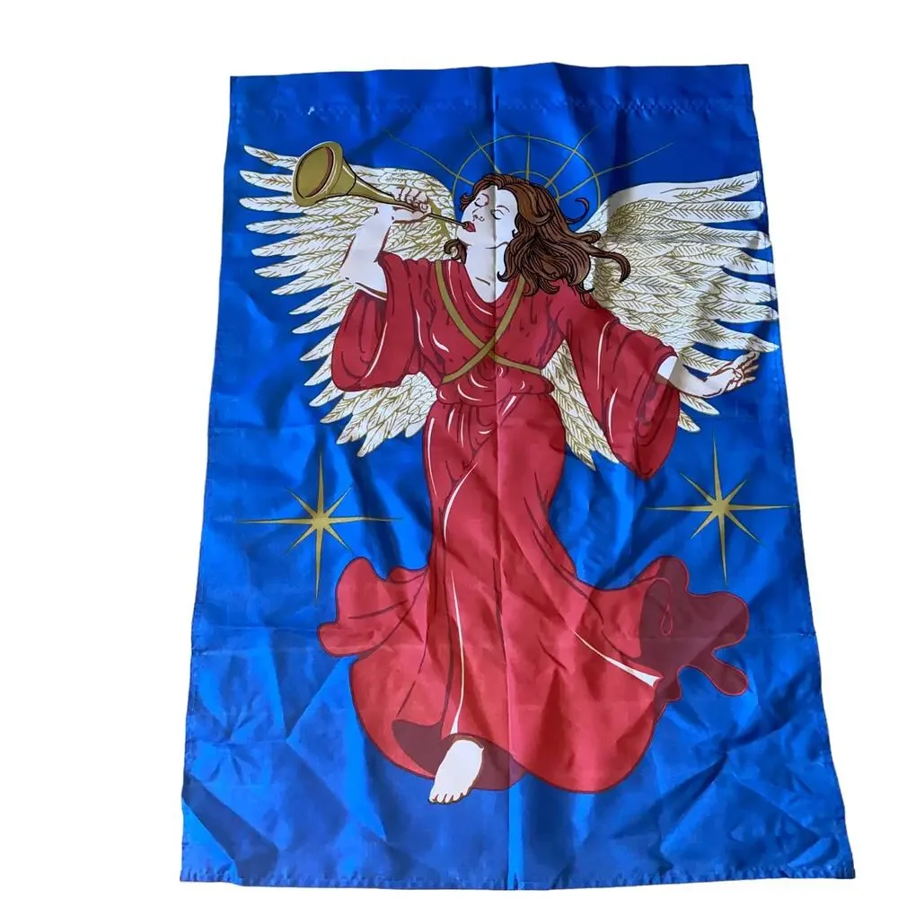 Vintage Garden Holiday Christmas Flag Angel blowing Trumpet Red Gold Blue